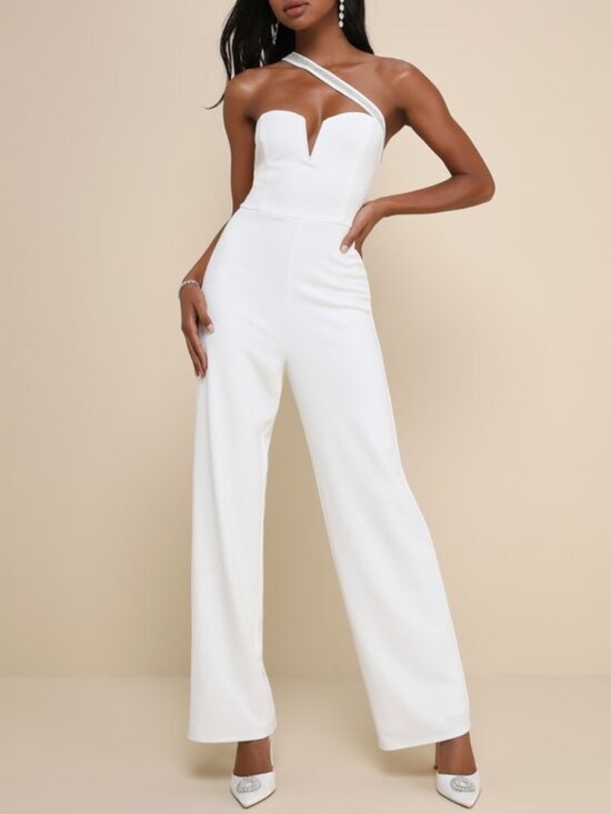 Lulus Pants - Lulus Sparkling Praise White Notched Rhinestone One-shoulder Jumpsuit - Size S